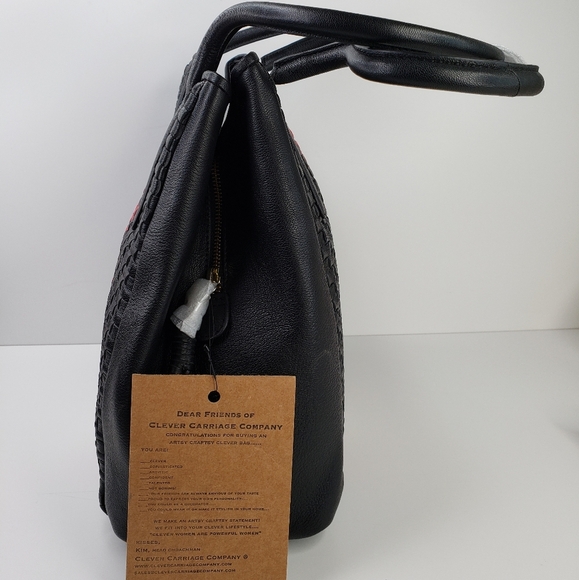 Clever Carriage Black Red & Ivory Striped Weaved Leather Beautiful Shoulder Bag - Picture 2 of 11